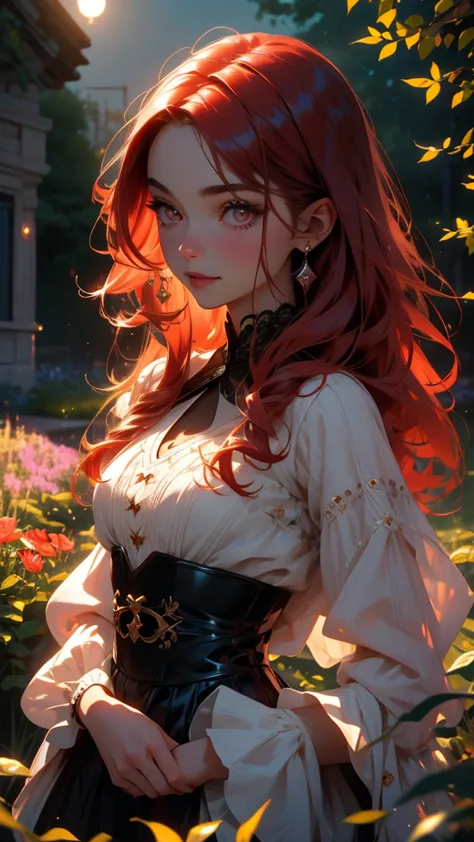  close,   beautiful young lady ,  long red hair ,  black eyes, red fox in her hands, Girl holding a red fox, 8K,  Moonlight Night ,  high realism , dark fantasy art