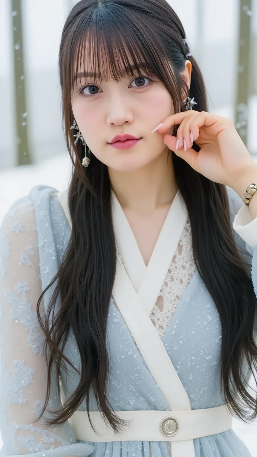 "A beautiful woman in a snowy landscape, wearing a traditional winter kimono with intricate patterns. Her long dark hair flows gently in the cold wind, and soft snowflakes land on her eyelashes. She has a serene and mysterious expression, with a pale compl...