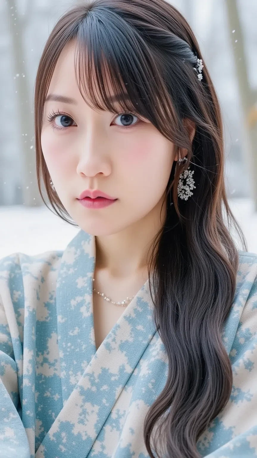 "A beautiful woman in a snowy landscape, wearing a traditional winter kimono with intricate patterns. Her long dark hair flows gently in the cold wind, and soft snowflakes land on her eyelashes. She has a serene and mysterious expression, with a pale compl...