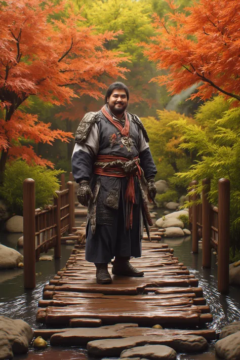 Japanese Garden、warrior、Armor、 Japanese sword、 Japanese swordを構える、standing on a bridge over a pond、１man、 male、fat、 Japanese、20 years old、smile、obesity、autumn leaves、autumn