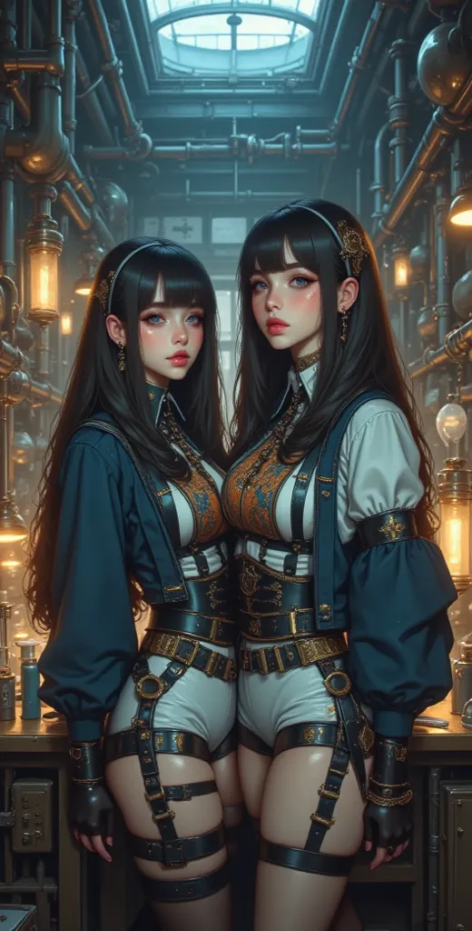 high definition,  Masterpiece , best quality,Highly detailed, High quality, full length ,full frame,full height, straight hair, Breasts,  earrings, Blue eyes, makeup, scarlet lips,  two girls,  steampunk , Steampunk costume, Posing in front of the lab 