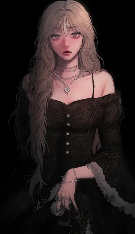 prompt:  a girl, Alone ,    long hair, looking at the spectator, honey hair,bare shoulders, ,     tabs,  moles under the eye, parts,make-up, , ring, black background, retrato,     Realistic, deep pink lips  , pearl \( \), eyes,green ( Gothic clothing)*,