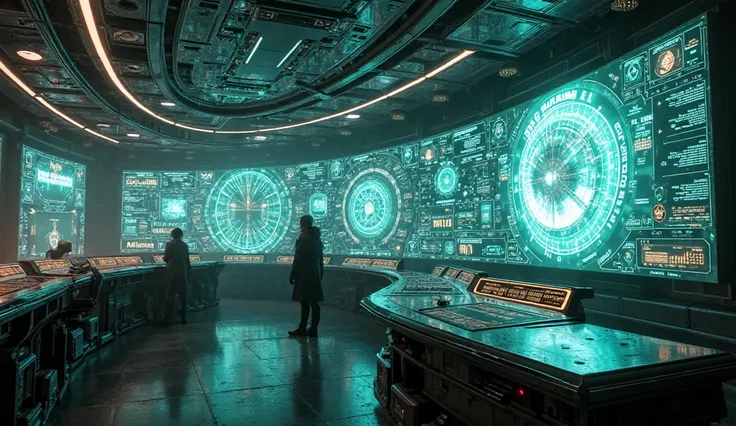 "A highly advanced alien control room filled with glowing holographic screens, symbols, and unreadable text. Strange energy waves flow through the room, representing an advanced form of communication beyond human understanding. The environment has an eerie...