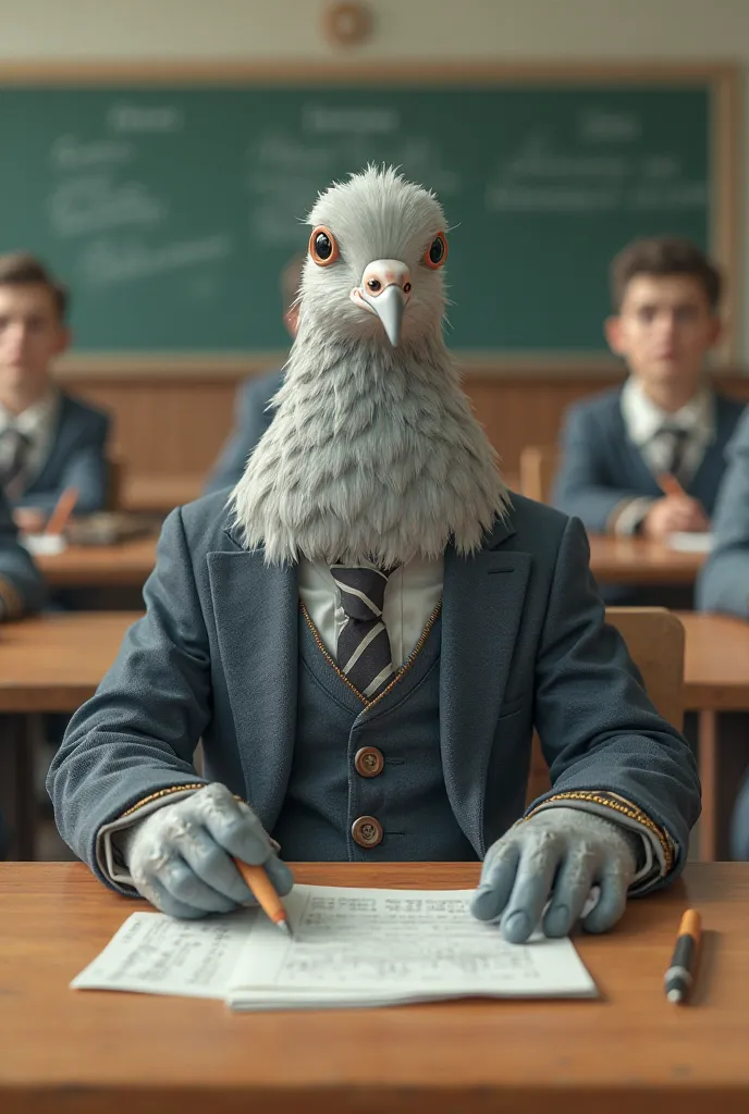 generate a humaoid pigeon sitting in class