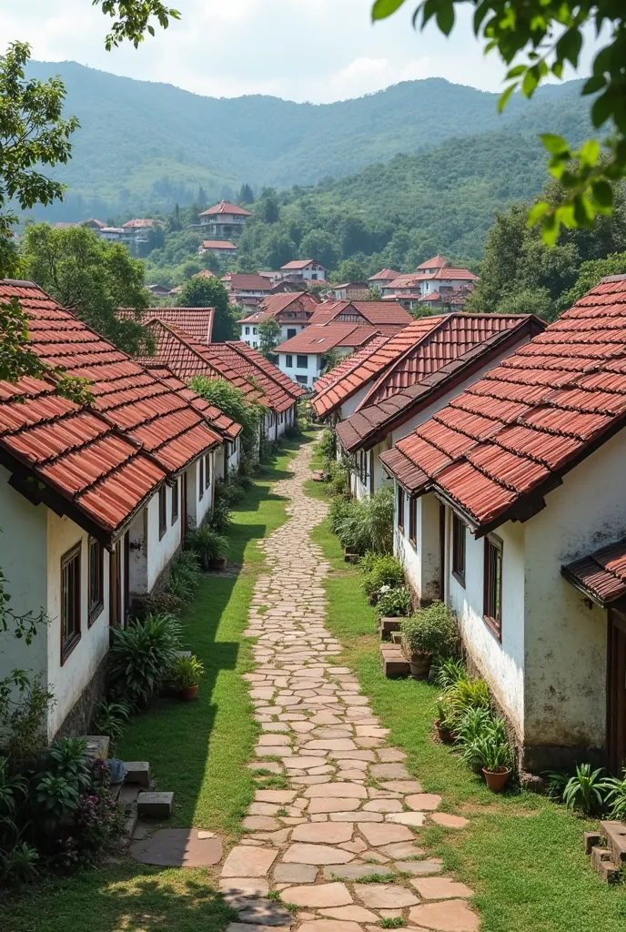 Rural photo of the village of arat indonesia, village ,,red tile roof,paint the house white color 