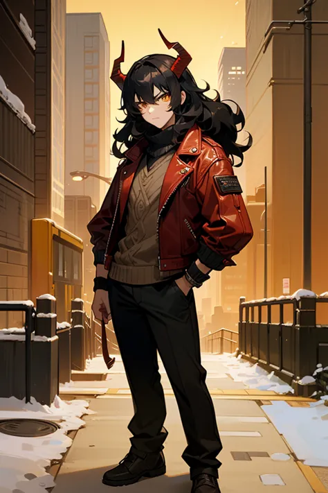 1male, finely detailed, yellow eyes, (wavy medium hair), black hair , red horns, winter clothing, leather jacket, serious expression, (perfect generation), amazing quality, detailed background, perfect quality, looking at viewer, modern city background, st...