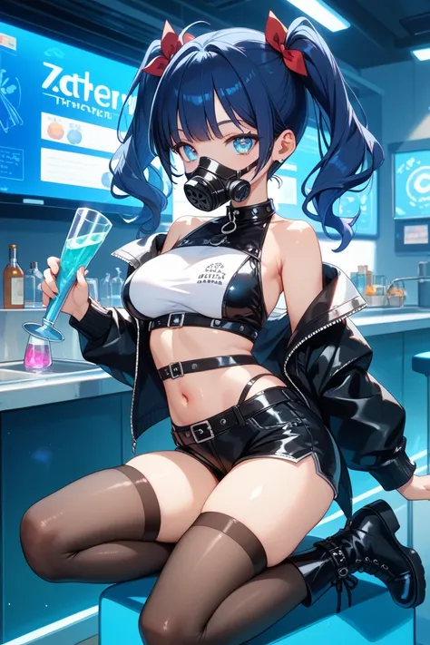  dark blue hair。twintails。Girls around 18 years old。bright blue fluorescent eyes。 Gas mask。the inside is made of shiny black leather。 belly button sticking out 。  wear jacket I have  。 My shoulders are coming out of the ladle。I'm wearing tight shorts made ...