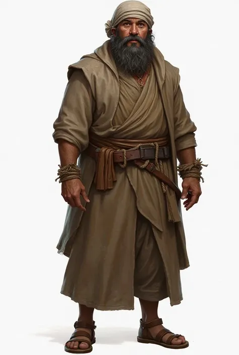 Character Details:

Name: Moses

Age: Middle-aged (around 40-50 years)

Appearance: Thick curly beard, deep-set eyes, weathered face, strong build

Clothing: A brown or beige robe with a rope belt, leather sandals, and a cloth headscarf