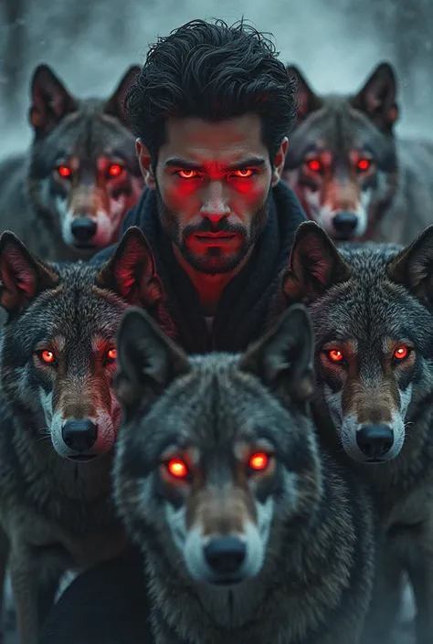 Tyler Posey with red eyes, with a pack of wolves around him 