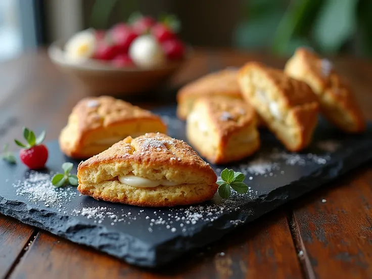 A handcrafted scone recipe menu displayed on a luxurious black slate stone slab, featuring flaky, golden-brown scones paired with fresh fruits and rich spreads, set against a softly blurred background.