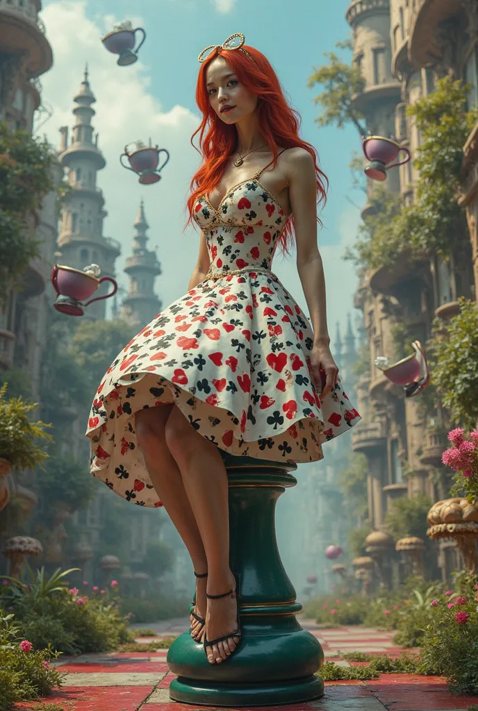 A stunning, avant-garde interpretation of Alice in Wonderland, featuring a modern woman as Alice, sitting confidently on a fantastical chess piece. The Alice character dons a fashionable dress intricately patterned with playing cards, her red hair cascadin...