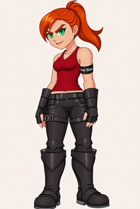 Appearance: Medium height, fiery red hair tied in a ponytail, green eyes, and a fierce look.
Clothing: Red sleeveless top with black combat pants and boots. She wears fingerless gloves and a band around her bicep with the word "Blaze" etched on it.
Persona...