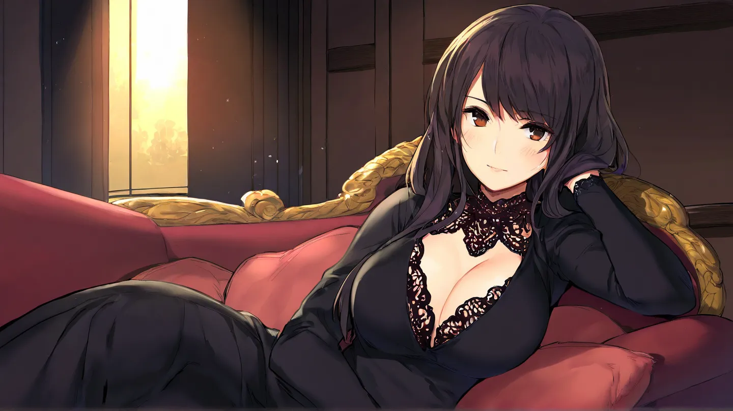 Masterpiece, Best Quality, Top Quality, Very Detailed, The image features an anime-style female character with long, dark hair and striking brown eyes. She is dressed in an elegant black outfit with lace details, sitting on a luxurious couch bathed in warm...