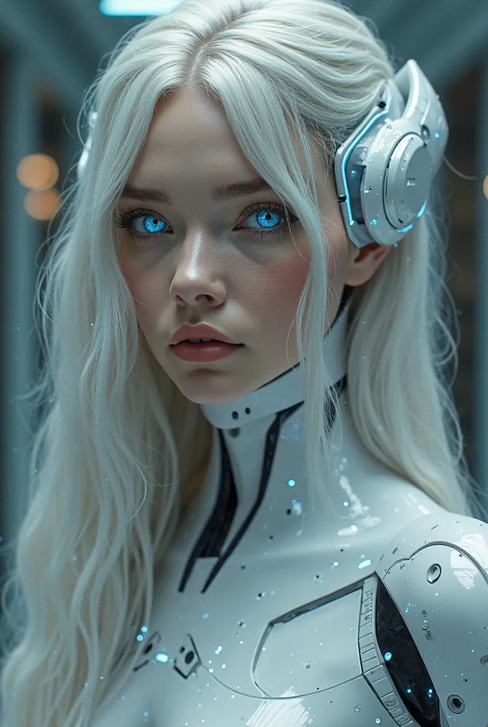 A futuristic artificial intelligence mixed with a human, a long-haired, blue-eyed woman's head