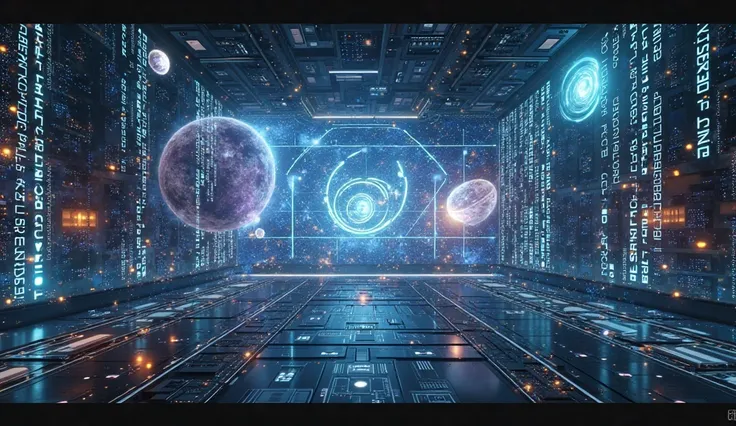 "A massive, futuristic supercomputer, with an entire galaxy simulated within it. A glowing interface displays swirling galaxies, coded symbols, and planets being rendered in real-time. The entire scene feels artificial, as if reality itself is being genera...