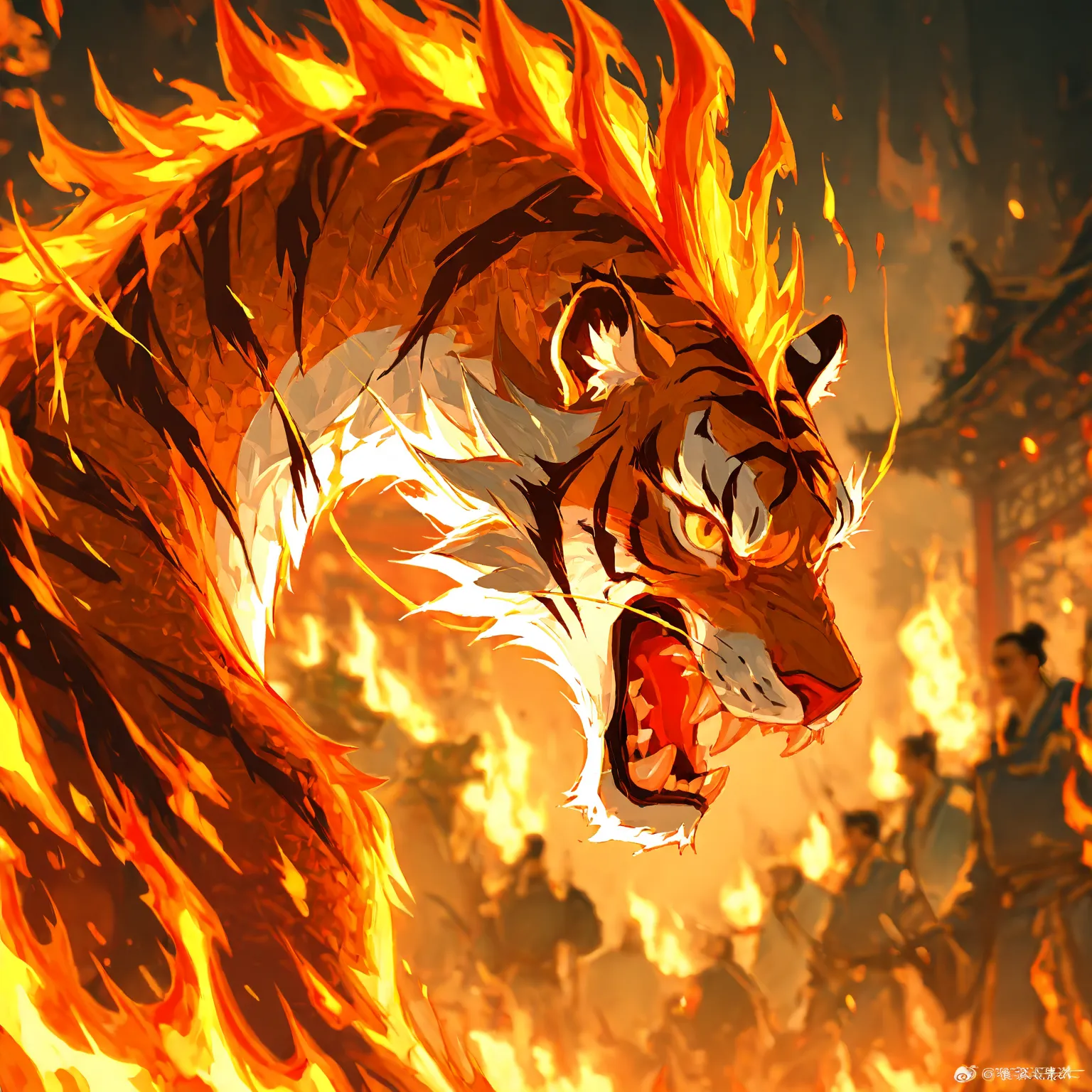 The blue Chinese dragon and the Siberian tiger fought against each other and fought fiercely. They were accompanied by flames and the battle background was blurred (the picture refers to the game of dragon and tiger)