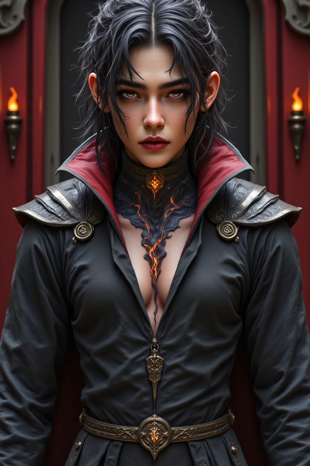 A hyper-realistic, highly detailed 4K full-body digital painting of a Japanese-inspired celestial vampire assassin standing in a dimly lit gothic sanctuary. His sharp, angular jawline, high cheekbones, and piercing fiery orange-red eyes radiate a chilling,...