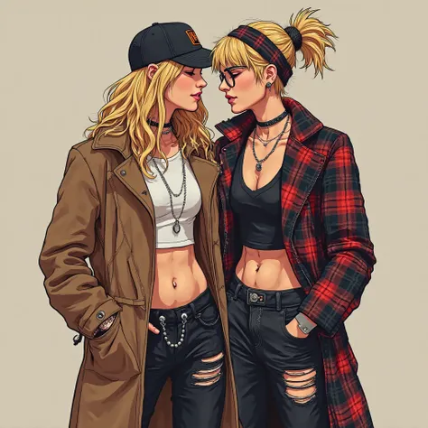 Create a group of adult pop rockers with a blonde, with a cap, piercing, Rockeira outfit with a plaid coat tied around the waist and with torn black pants and a boy on the side wearing a headband, Short haired, with glasses, in rocker clothing, coat tied a...