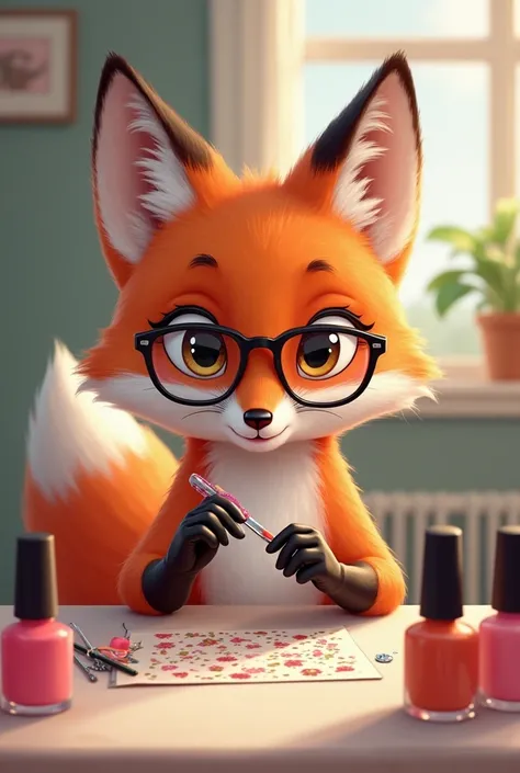 A cartoon fox with glasses sits at a table and holds a manicure file in her hands. There are nail polishes around