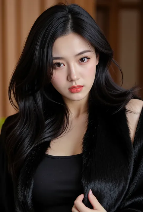 A middle-aged Korean woman with a curvy body, wearing a tight-fit dress and a luxurious fur coat. She has long, black shiny hair and striking red eyes that stand out. Her makeup is bold and dramatic, and her expression is one of disgust, looking directly a...