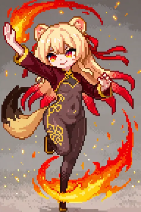 1 girl, stupid hair, Animal Earfuzz,   animal ears, blond hair, bodystocking, bodysuit, chest, brown bodysuit, Chinese clothing, Belly button cover, dynamic pose, embers, Fighting Stance, , Tail at the Tip of Fire,  gold trim,  gradient eye, Gradation Hair...