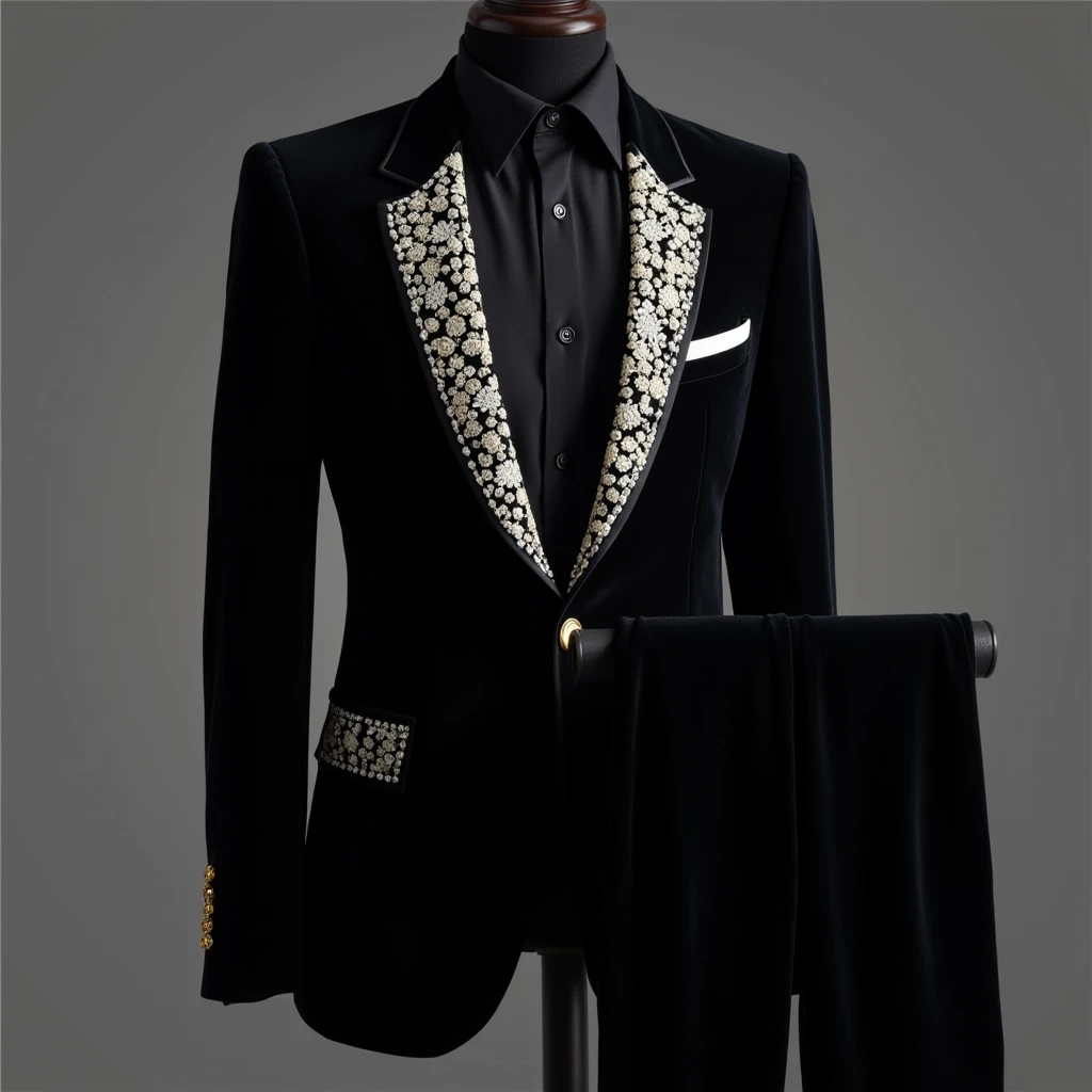 African Black Velvet Tuxedo Suit With White tiny Pearl Handcrafted Work With Satin Lapel & Trouser for Prom, Wedding, Party, Dinner, Gift