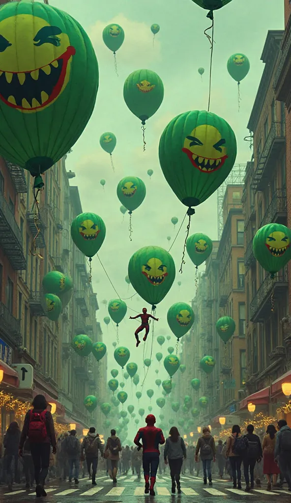 Prompt: A street is filled with floating green gas balloons, each having Joker’s smile painted on them. Civilians are coughing and laughing uncontrollably due to the gas. Spider-Man swings between the balloons, trying to web them up, while Wonder Woman use...