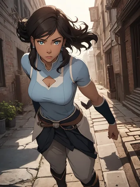 Highly detailed, 4K resolution, cinematic lighting, epic fantasy style. Korra. beauty. full body. armored, magic around