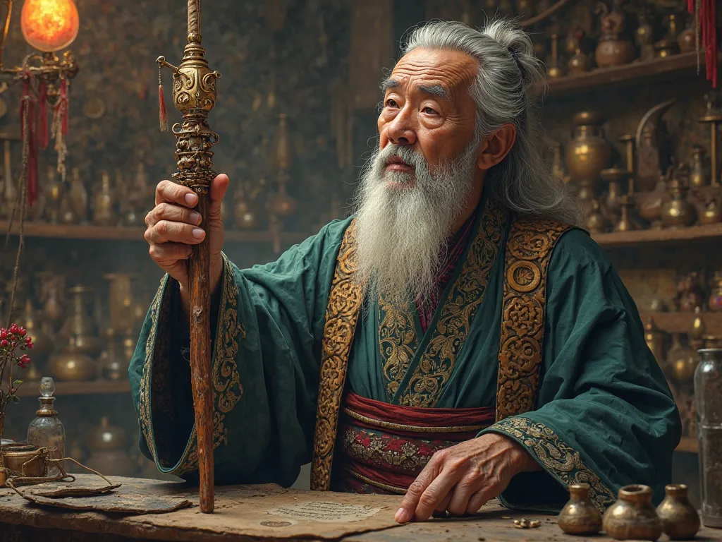 A 50 year old male vendor wearing ancient asian attire in a magical shop shop selling all kind of weapons and magical tool showing a fishing line coiled around a short wooden rod.