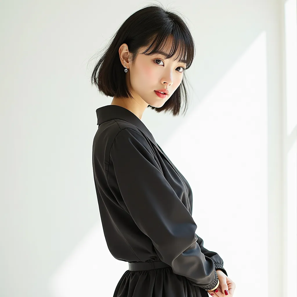  young adult Japanese woman,　Latest Fashion,　full body、white background、Strong light from the right、Studio Lighting、short hair、straight hair、 model pose 