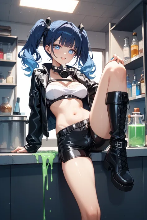  dark blue hair。twintails。Girls around 18 years old。bright blue fluorescent eyes。 Gas mask。the inside is made of shiny black leather。 belly button sticking out 。  wear jacket I have  。 My shoulders are coming out of the ladle。I'm wearing tight shorts made ...