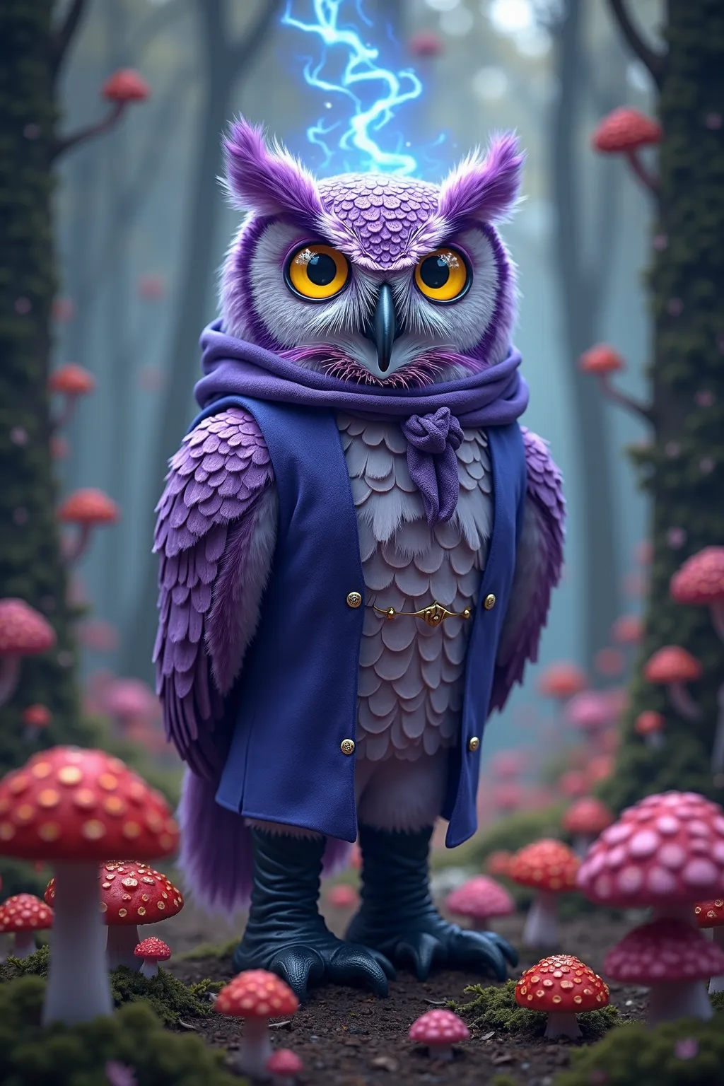 Double exposure of a purple owl with yellow eyes, this owl wears wizard clothes and exudes blue magic with. rays from his body, wearing black boots The owl is in a forest of red mushrooms and pink flowers 