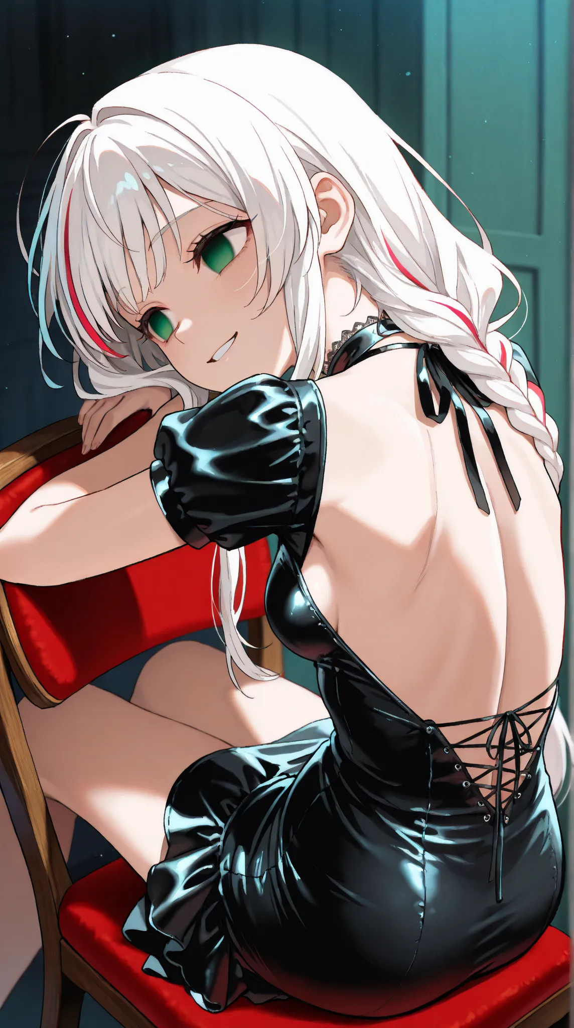 (high quality, ultra-detailed), female, white hair with few red highlights strands, single long braid starts below the neck and all the way down the end of the back knee, solo, emerald eye color both empty eyes, anatomically correct, medium breast (clothed...