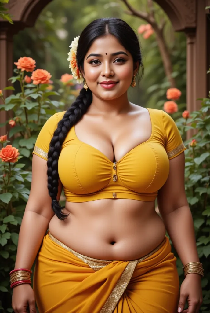  indian 45 year old chubby woman is wearing a 
saree, rose flower garden, satin  front closer tight blouse,big Deep cleavage,big sexy chest,big hips , plus size body, detailed body and face, big bright eyes, charming, sexy, perfect anatomy, braid hair, det...