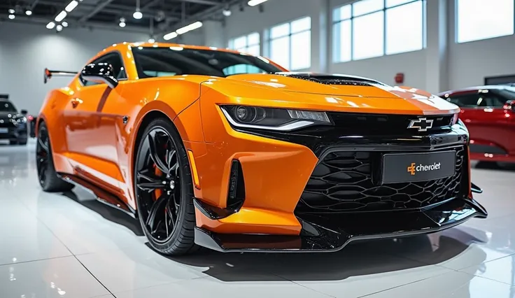 Front left side view of painted with Shiny orange  color rules 2025 Chervolet Camaro electric in large shape car in large size with Chervolet Camaro electric 2025 logo on its large detail grill in Shiny orange colour with angular sporty design captured fro...