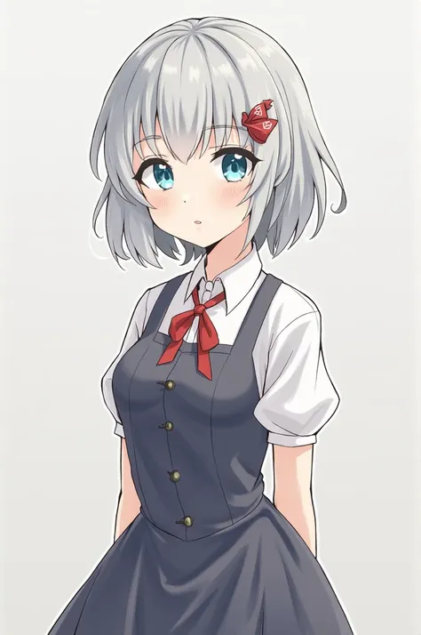 masterpiece, The best quality, amazing quality, !, high resolution,  newest ,  hyper detailed , 1 girl, anime, short gray layered hair, high resolution, Alone,  breasts, Short Hair,  Simple background , hair ornament, full body