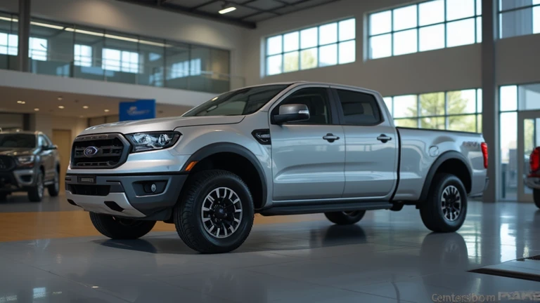 An ultra HD 8K cinematic image of a Ford Maverick parked inside a showroom, with a focus on its side profile. The truck's sleek body lines and compact size contrast with larger vehicles displayed around it. The showroom has bright lighting and a clean, mod...