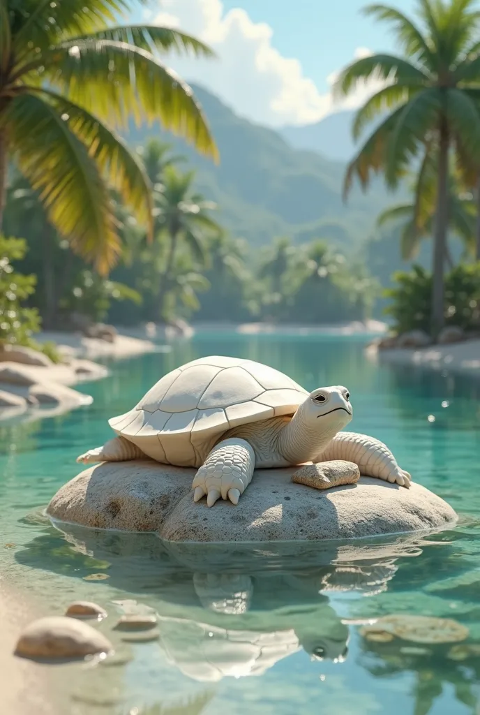 Beautiful white turtle on top of a rock sunbathing,  rich in details. Bottom of a small lake with crystal clear water, with coconut trees around , ornamental stones and white sand. 