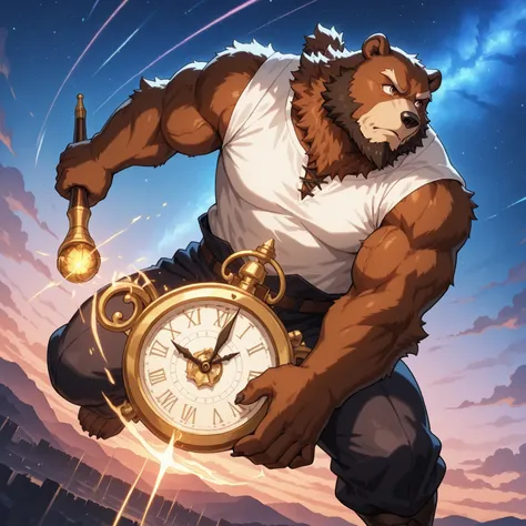 Character Focus, whole body, Looking Away ,  dynamic angle ,  European-Style Fantasy , Wizard,  Male Bear Middle-aged Muscle ,  Costume Hero Costume , shirtคลุม, shirt, trousers, Magic wand,  casting, time, magic ,  Clock Effect ,   Dynamic Posting , BREAK...