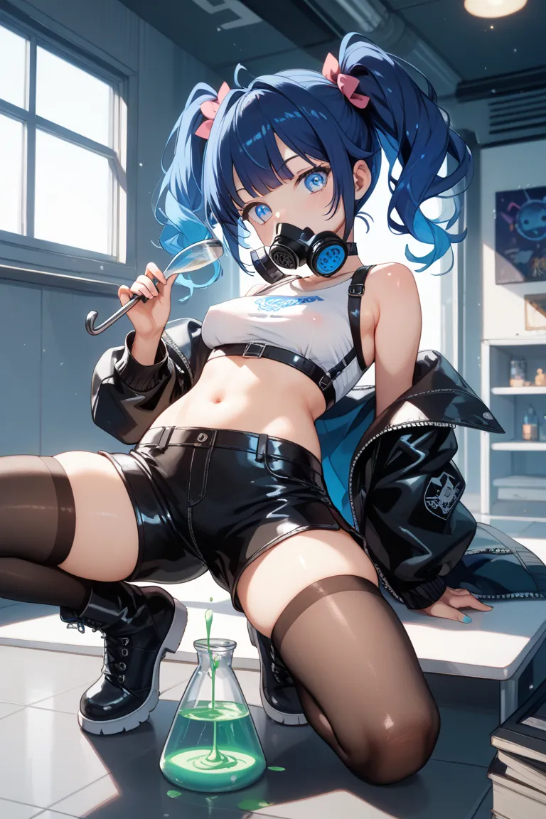  dark blue hair。twintails。Girls around 18 years old。bright blue fluorescent eyes。 Gas mask。the inside is made of shiny black leather。 belly button sticking out 。  wear jacket I have  。 My shoulders are coming out of the ladle。I'm wearing tight shorts made ...