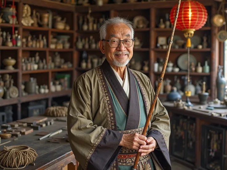 A 50 year old male vendor wearing ancient asian attire in a magical weapon shop. The shop look orderly and arranged neatly. he is smiling while showing a fishing line thread coiled around a  wooden rod.