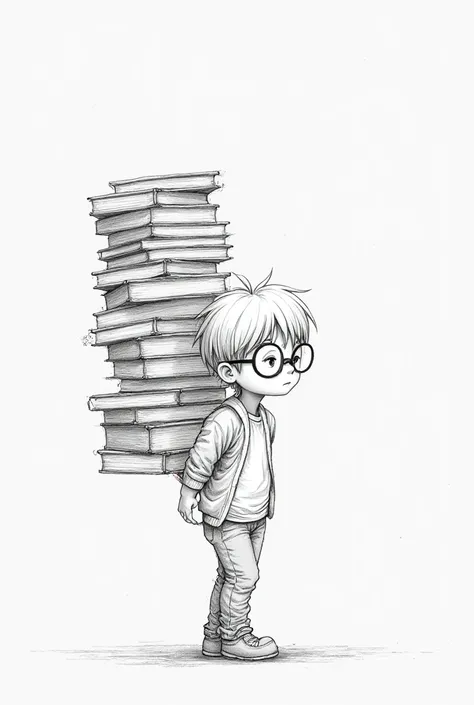 A white-haired boy wearing glasses was carrying a large stack of books. Pencil sketch art