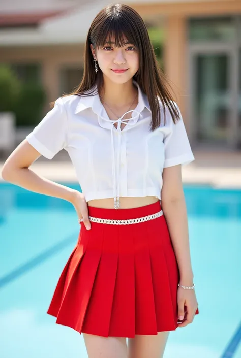 The image shows a young woman named Asuka standing with one hand on her hip and smiling shyly. She has long straight hair with bangs. BREAK (red and white theme:1.4), (sexy school uniform:1.2), ((girly fashion, punk style):1.2), (close-fitting ultra low ri...