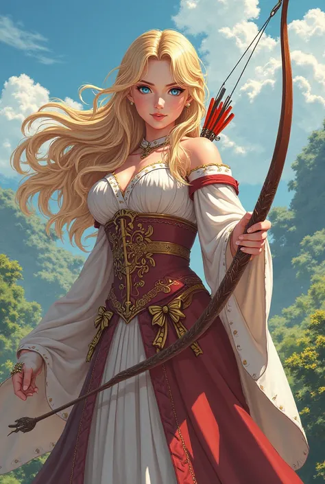 Japanese anime-style role-playing character design, eleven, blonde, Plus size body, of the nobility , with bows and arrows and fancy clothes 