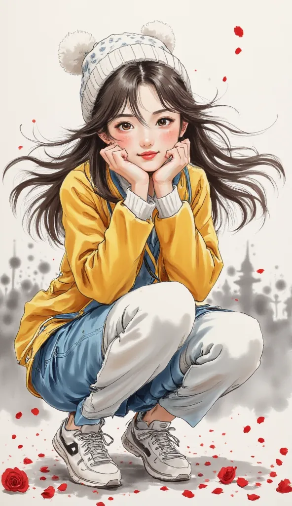    full body shot   , she is crouching picking up petals from the ground with her hands ,   rose petals pouring down   ,    cartoon girl with a beautiful smile  ,   white wool hat ,   Magenta  ,  Brown hair swaying in the wind  ,  white sneakers , 白い壁紙が淡いM...