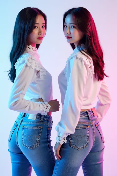 Pictorial debut, ((jeans with pockets and zippers)),  White blouse ,((White decorations)),  masterpiece, ultra high definition,  white background, colorful lights, front and back view, Floral lace 