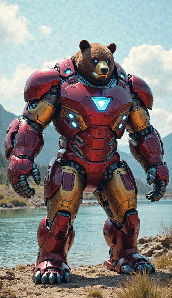 English: In the bright daylight, a massive, Iron Man-inspired bear stands tall near a crystal-clear river, its metallic red and gold armor gleaming under the sun. The arc reactor on its chest pulses with bright blue energy, while its mechanized eyes glow w...