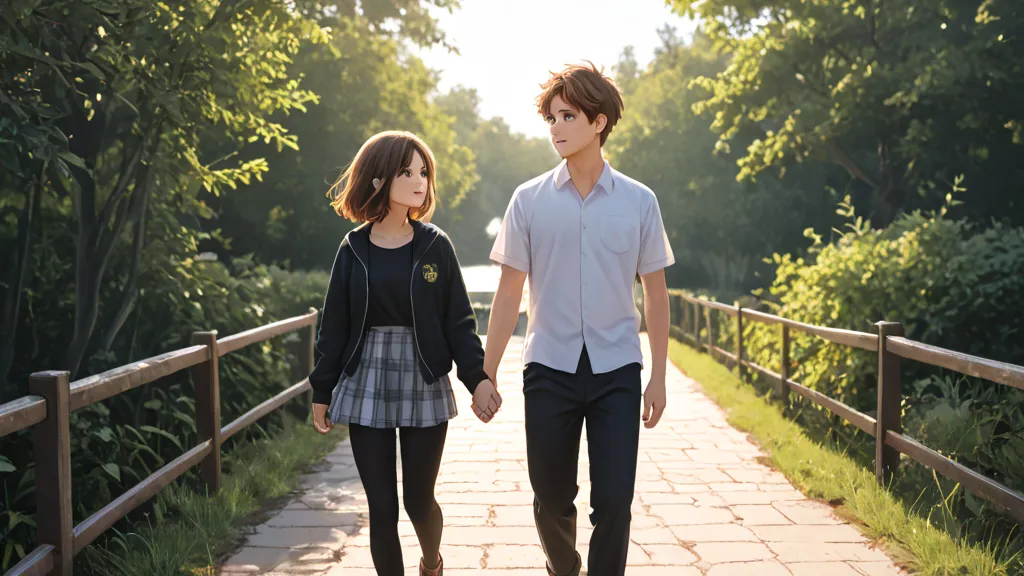 date scene at the zoo、The lion is also in the picture、Please express that both of you are friendly、The two are watching the lion together、The boy and girl are both high school students the same age、The camera shows the entire distance without showing it up...