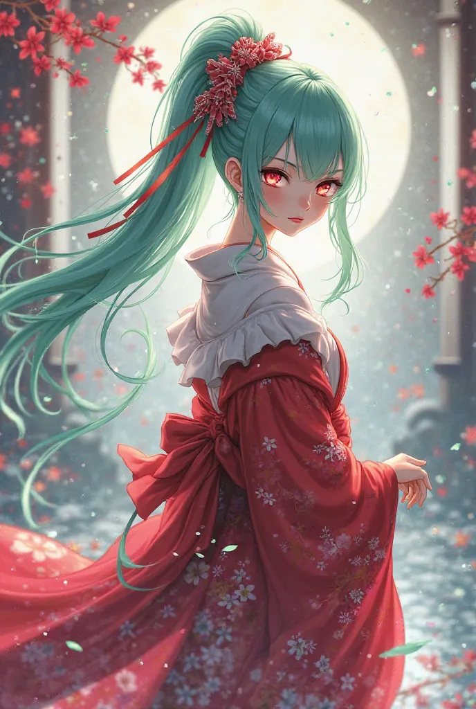 Red and white kimono, mint colored hair, long ponytail, Japanese style hair ornament, pink eye color, cool illustration