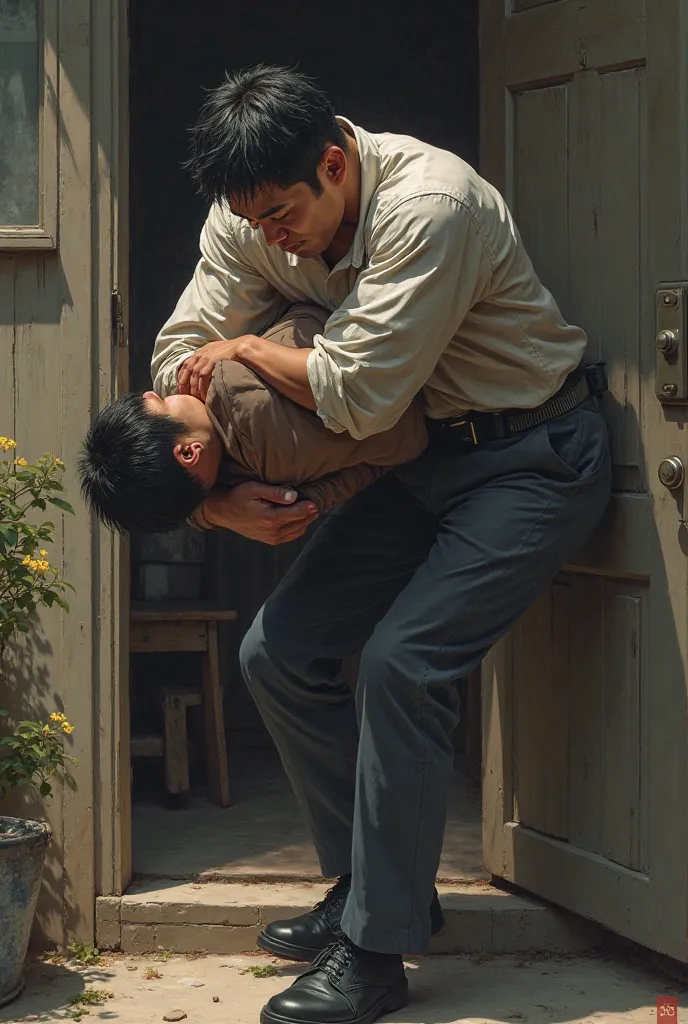 Japanese type: Kazuya went out the back door, carrying Jiro firmly under his arm or back.